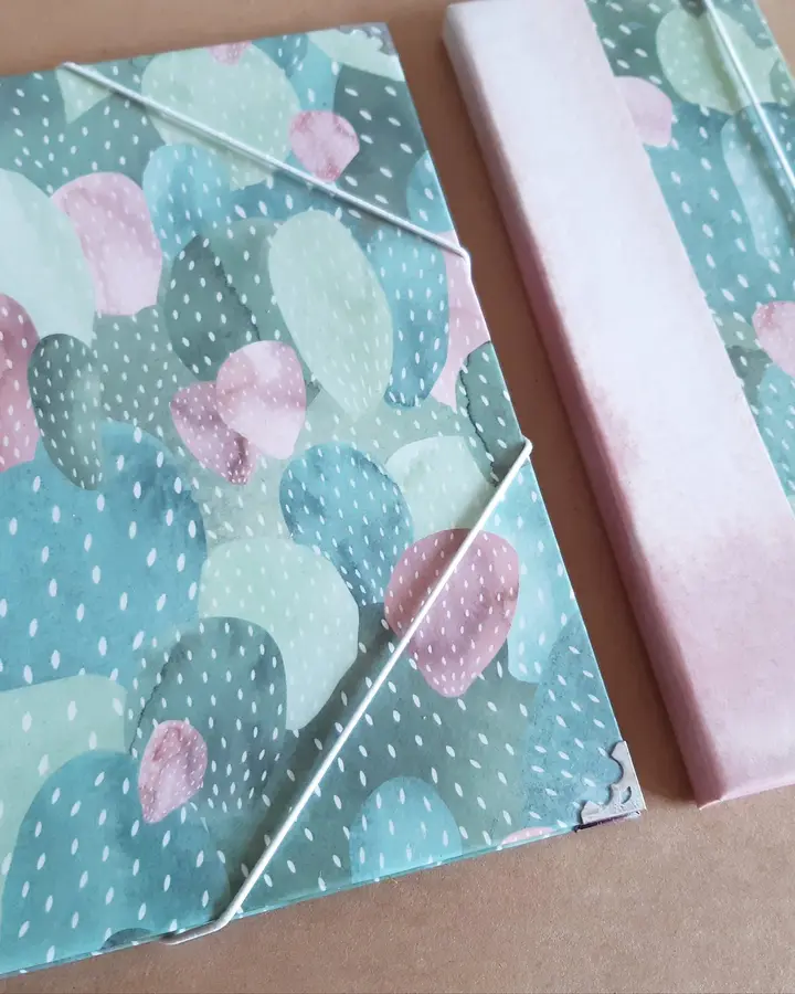 Carpeta para revistas y porta tratados a juego, forrados con papel de cactus en tonos pastel