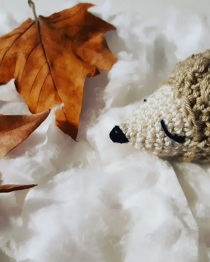 Llavero de crochet con forma de erizo beige y marrón con ojos cerrados junto a hojas secas de otoño