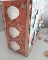 Lomo del maxi álbum de scrapbooking de verano con tres conchas blancas pegadas sobre papel coral